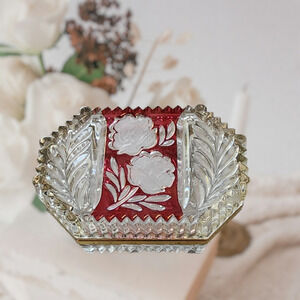 Heavy Rose Pattern Crystal Glass Gold Tone Hinged Jewelry Trinket Box Vintage
